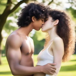 A romantic scene featuring a 15-year-old British girl with long wavy hazel hair kissing a 15-year-old British boy who has really short curly black hair and prominent abs