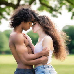 A romantic scene featuring a 15-year-old British girl with long wavy hazel hair kissing a 15-year-old British boy who has really short curly black hair and prominent abs