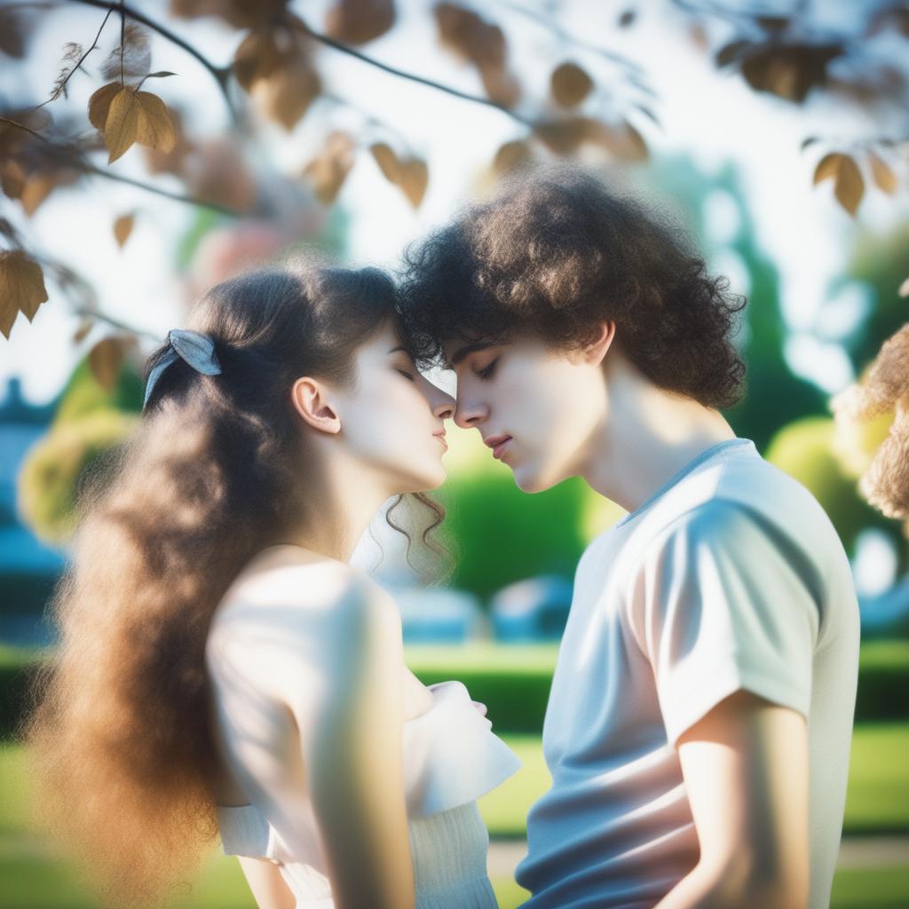 A romantic scene featuring a 15-year-old British girl with long wavy hazel hair and bigger boobs kissing a 15-year-old British boy with short curly black hair and prominent abs, not wearing a top