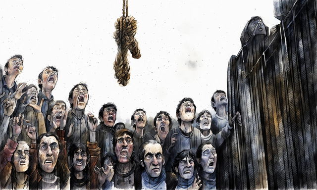 A watercolour storyboard's seventeenth act featuring a close-up of the noose in the village plaza where Blaise's father, accused of piracy, is about to be hung, with the heads of a large angry crowd looking up from below in the pouring rain.