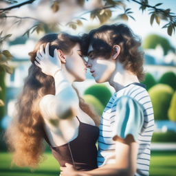 A romantic scene featuring a 15-year-old British girl with long wavy hazel hair and bigger boobs kissing a 15-year-old British boy with short curly black hair and prominent abs, not wearing a top