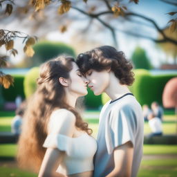 A romantic scene featuring a 15-year-old British girl with long wavy hazel hair and bigger boobs kissing a 15-year-old British boy with short curly black hair and prominent abs, not wearing a top