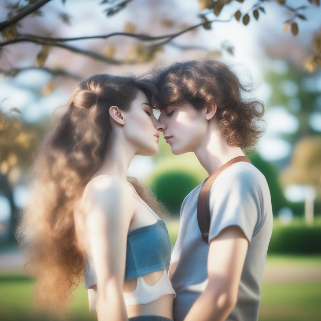 A romantic scene featuring a 15-year-old British girl with long wavy hazel hair and bigger boobs kissing a 15-year-old British boy with short curly black hair and prominent abs, not wearing a top