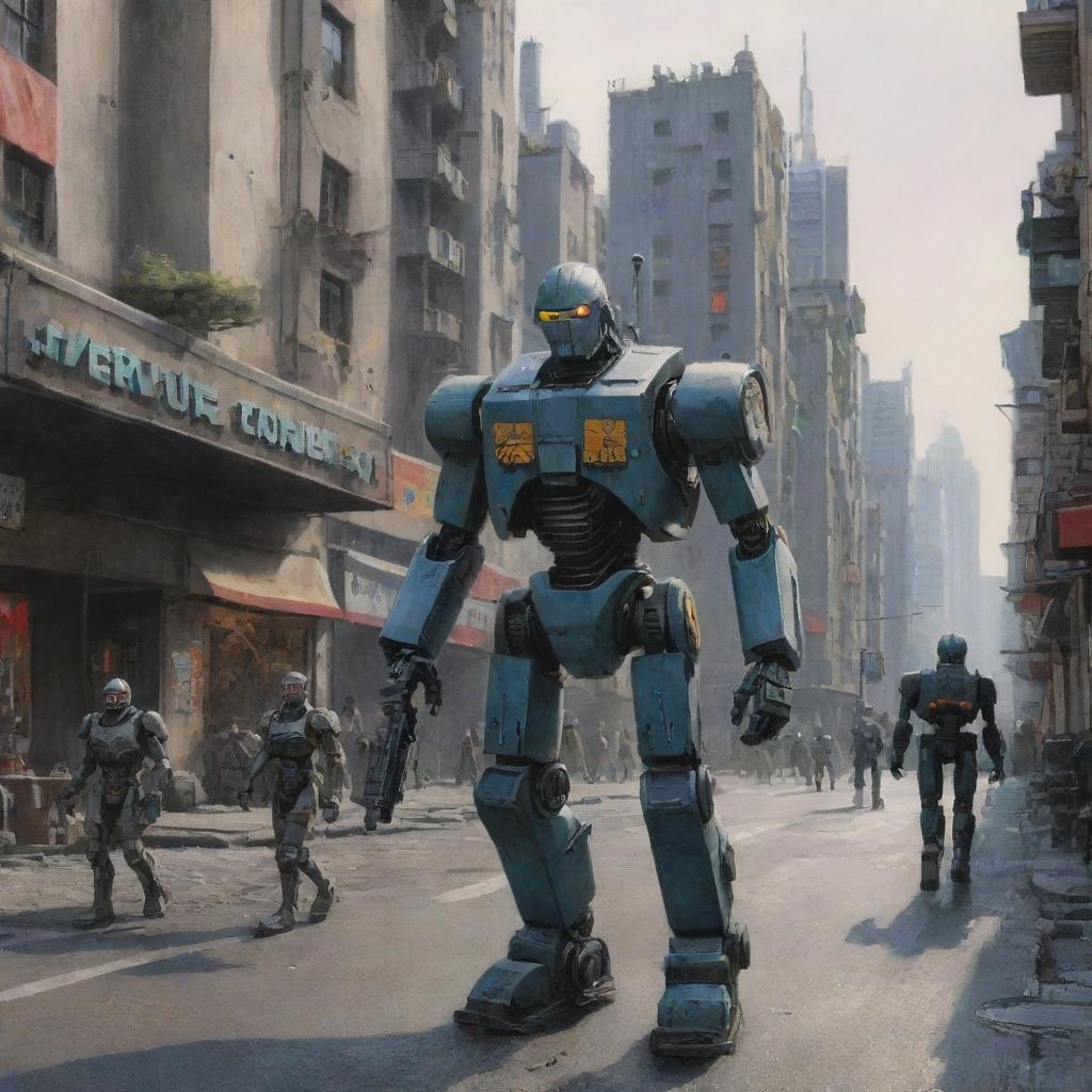 pirexian future city 2050 age with robots soldier style warhammer in the street painted by Vergvoktre