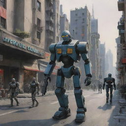 pirexian future city 2050 age with robots soldier style warhammer in the street painted by Vergvoktre