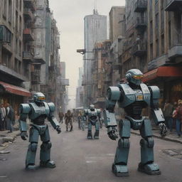 pirexian future city 2050 age with robots soldier style warhammer in the street painted by Vergvoktre