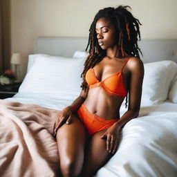 A black woman with dreadlocks, lying in bed wearing orange lingerie