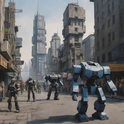 pirexian future city 2050 age with robots soldier style warhammer in the street painted by Vergvoktre