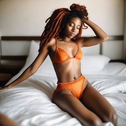 A black woman with dreadlocks, lying in bed wearing orange lingerie