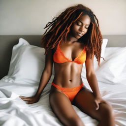 A black woman with dreadlocks, lying in bed wearing orange lingerie