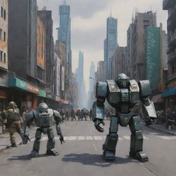 pirexian future city 2050 age with robots soldier style warhammer in the street painted by Vergvoktre
