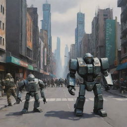 pirexian future city 2050 age with robots soldier style warhammer in the street painted by Vergvoktre