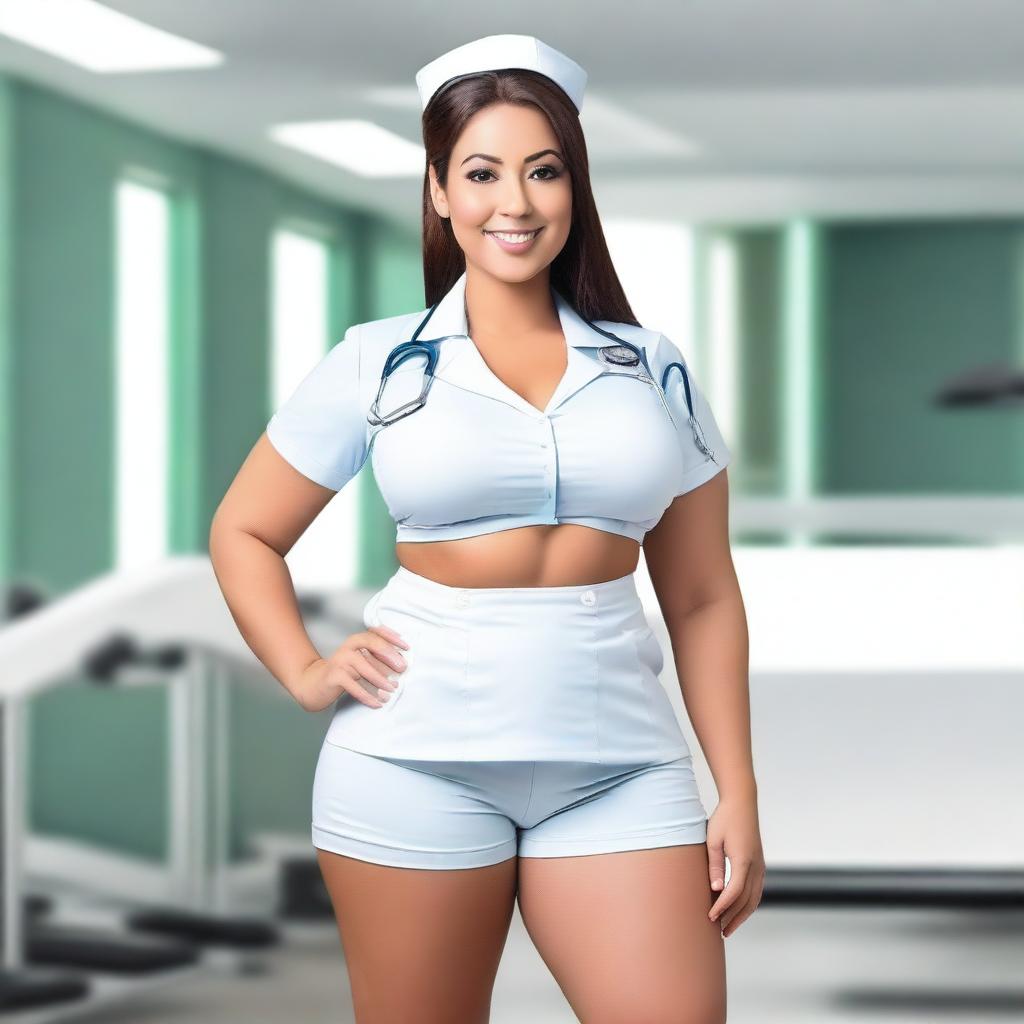 A beautiful athletic nurse with enormous fake breasts, huge calves, and defined abs