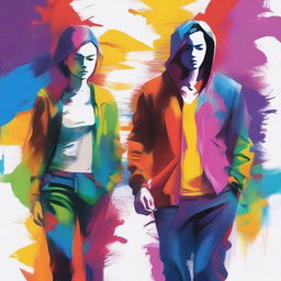 Create an expressive and colorful artwork depicting two characters drifting apart and then finding themselves again