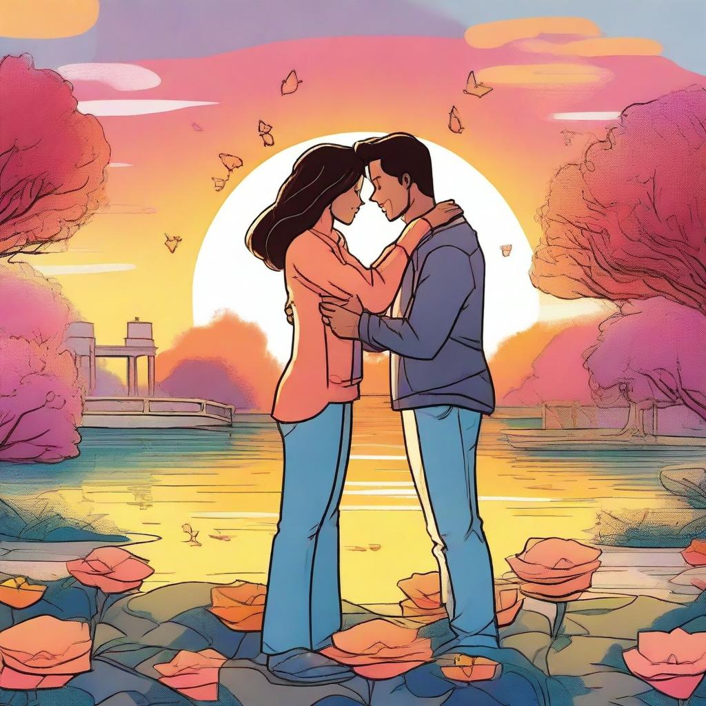 A vibrant comic-style artwork depicting a couple rekindling their love