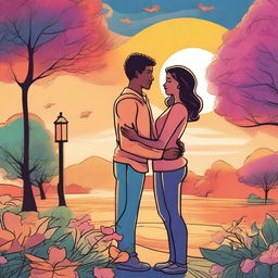 A vibrant comic-style artwork depicting a couple rekindling their love