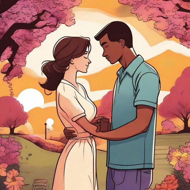 A vibrant comic-style artwork depicting a couple rekindling their love