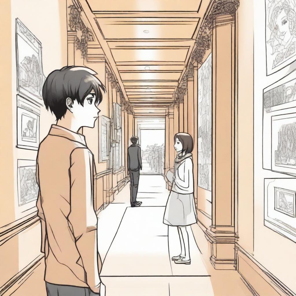 A manga-style artwork depicting a scene in a museum