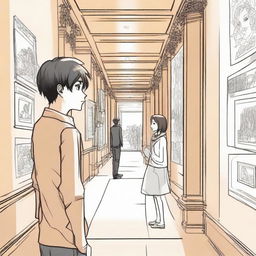 A manga-style artwork depicting a scene in a museum