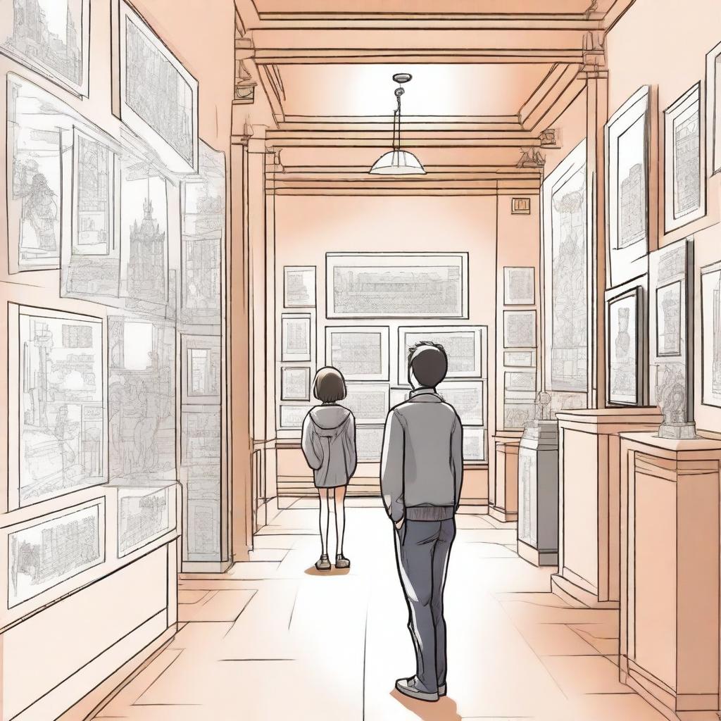 A manga-style artwork depicting a scene in a museum