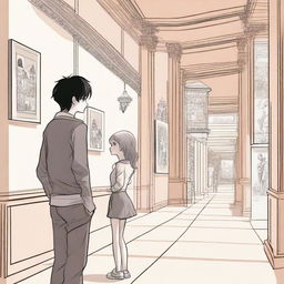 A manga-style artwork depicting a scene in a museum