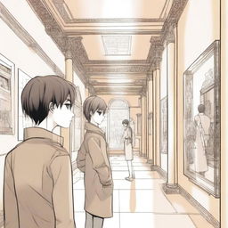 A manga-style artwork depicting a scene in a museum