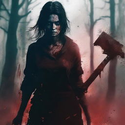 A dark and eerie background with a woman in the foreground holding a bloody axe