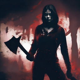 A dark and eerie background with a woman in the foreground holding a bloody axe