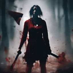 A dark and eerie background with a woman in the foreground holding a bloody axe