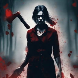 A dark and eerie background with a woman in the foreground holding a bloody axe