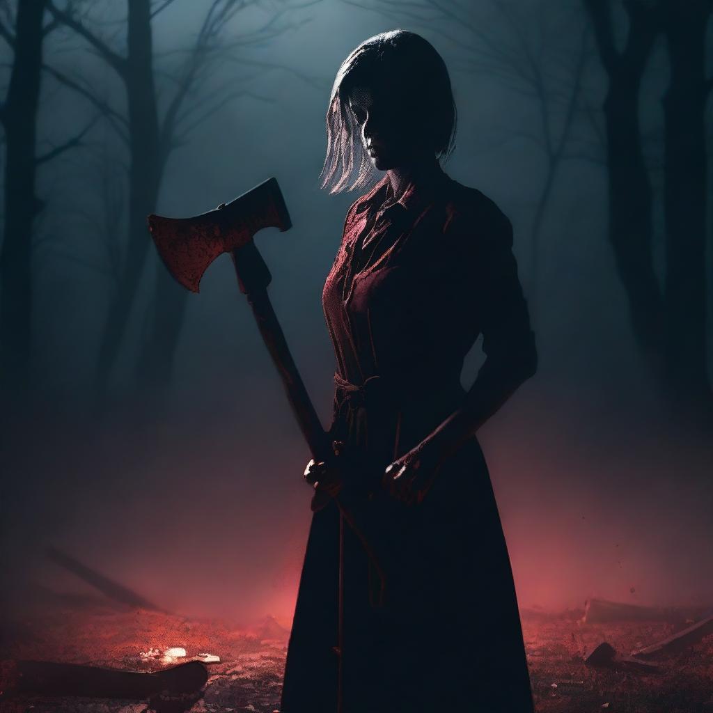 Generate an image with a dark background featuring a woman holding a bloody axe in the foreground