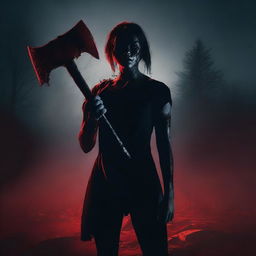 Generate an image with a dark background featuring a woman holding a bloody axe in the foreground