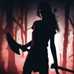 Generate an image with a dark background featuring a woman holding a bloody axe in the foreground