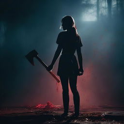 Generate an image with a dark background featuring a woman holding a bloody axe in the foreground