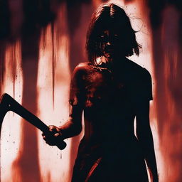 A dark, eerie background with a bloody, frightened woman