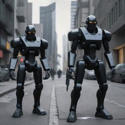 future city 2050 age with black robots soldier style warhammer in the street painted by Zdzisław Beksińsk
