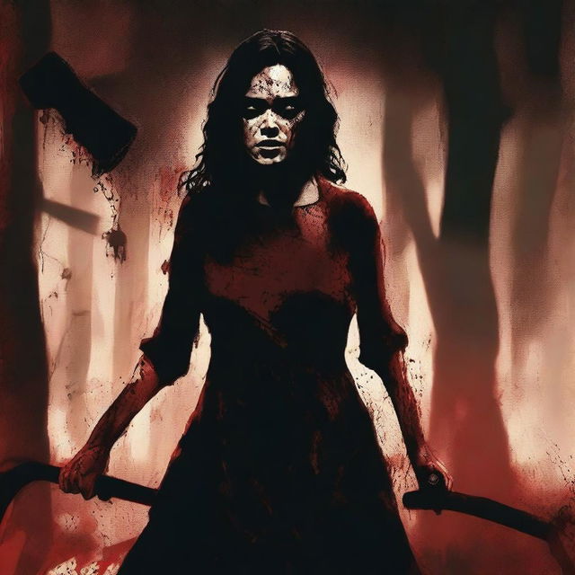 A dark, eerie background with a bloody, frightened woman