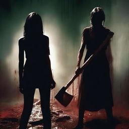 A dark, eerie background with a bloody, frightened woman