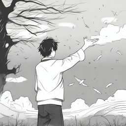 A manga-style artwork depicting an expressive and poetic scene of letting go