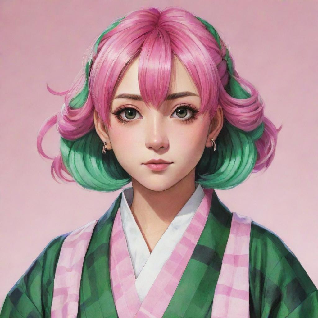 Draw a portrait of Mitsuri Kanroji from Demon Slayer-anime, showcasing her unique pink and green hair and her vibrant haori with a checkered pattern varying in pink and green