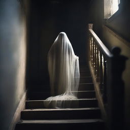 A ghostly figure appearing on an old, creaky staircase in a dimly lit, haunted house