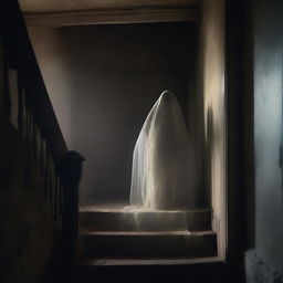 A ghostly figure appearing on an old, creaky staircase in a dimly lit, haunted house