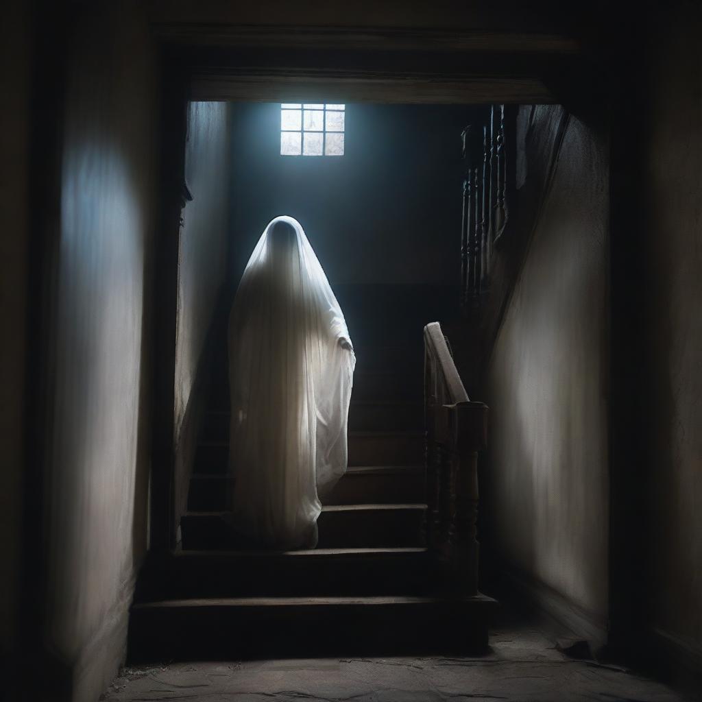 A ghostly figure appearing on an old, creaky staircase in a dimly lit, haunted house