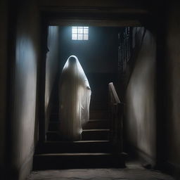 A ghostly figure appearing on an old, creaky staircase in a dimly lit, haunted house