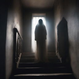 A ghostly figure appearing on an old, creaky staircase in a dimly lit, haunted house