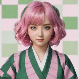 Draw a portrait of Mitsuri Kanroji from Demon Slayer-anime, showcasing her unique pink and green hair and her vibrant haori with a checkered pattern varying in pink and green