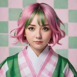 Draw a portrait of Mitsuri Kanroji from Demon Slayer-anime, showcasing her unique pink and green hair and her vibrant haori with a checkered pattern varying in pink and green