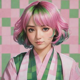 Draw a portrait of Mitsuri Kanroji from Demon Slayer-anime, showcasing her unique pink and green hair and her vibrant haori with a checkered pattern varying in pink and green