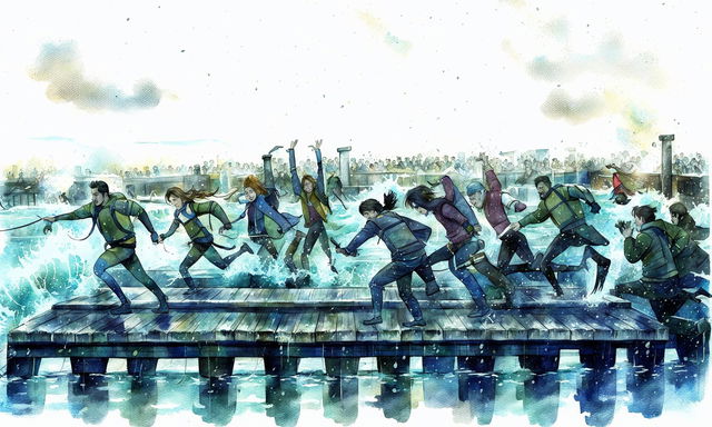 A watercolour storyboard's eighteenth act featuring Blaise and the two boys rescuing her father and being chased by the crowd all the way to the jetty in the harbour, sprinting along the long jetty in the pouring rain.