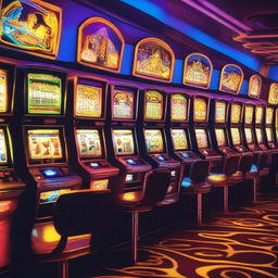 A vibrant and lively casino scene featuring various slot machines with colorful and eye-catching designs